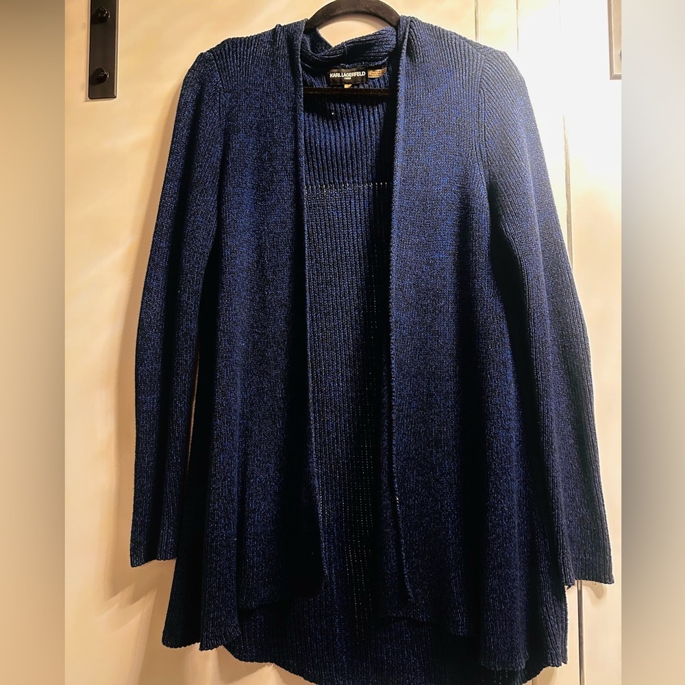 Karl Lagerfeld Paris Size Small Navy Open Front Waterfall Cardigan - Picture 2 of 10